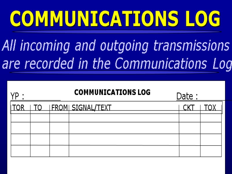 COMMUNICATIONS LOG YP :          